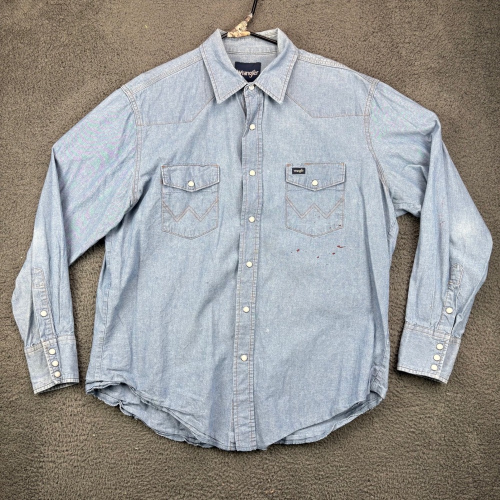 Wrangler Mens Long Sleeve Chambray Denim‎ Western Shirt XL Blue Pearl Snap